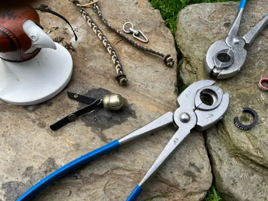 Address ring pliers with other falconry accessories